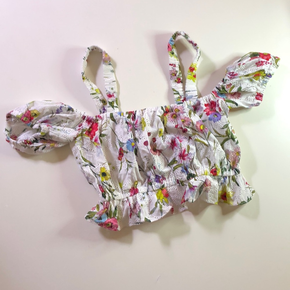 N/Nicholas eyelet floral crop top with puff sleeved and straps